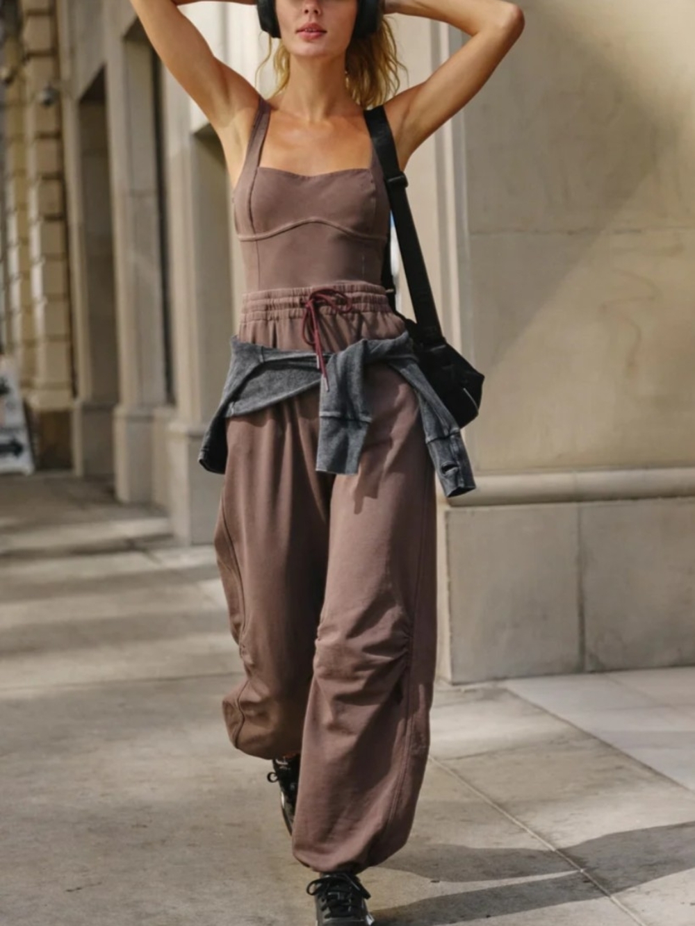Free People Taupe Wide-Leg Jumpsuit with Drawstring Waist